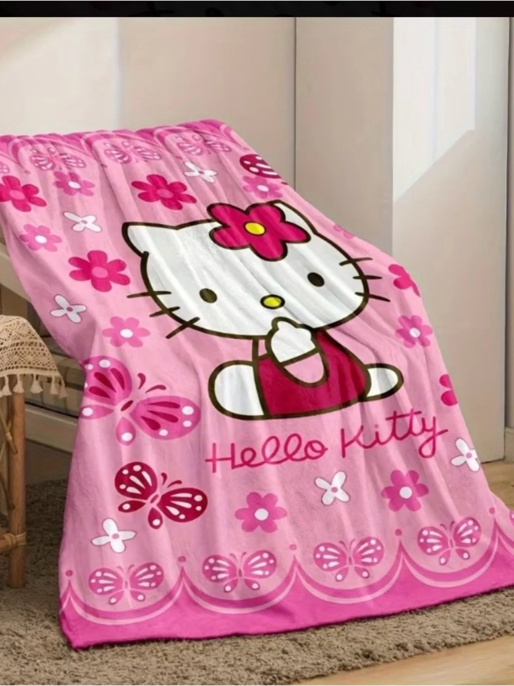 Hello Kitty Pink Floral & Butterfly Plush Throw Blanket